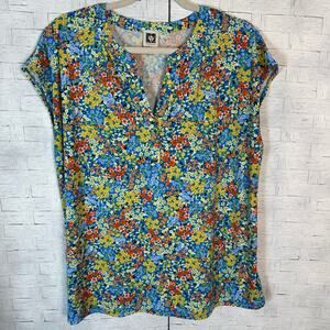 Anne Klein women’s blouse floral V-neck cap sleeve colorful bohemian hippie XL